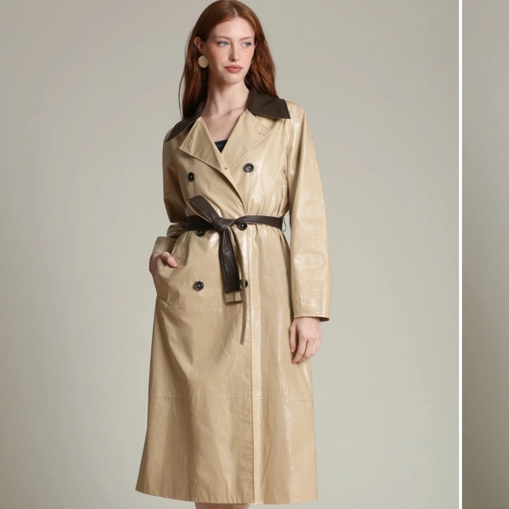 AVEC LES FILLES FAUX LEATHER CONTRAST TRIM TRENCH COAT